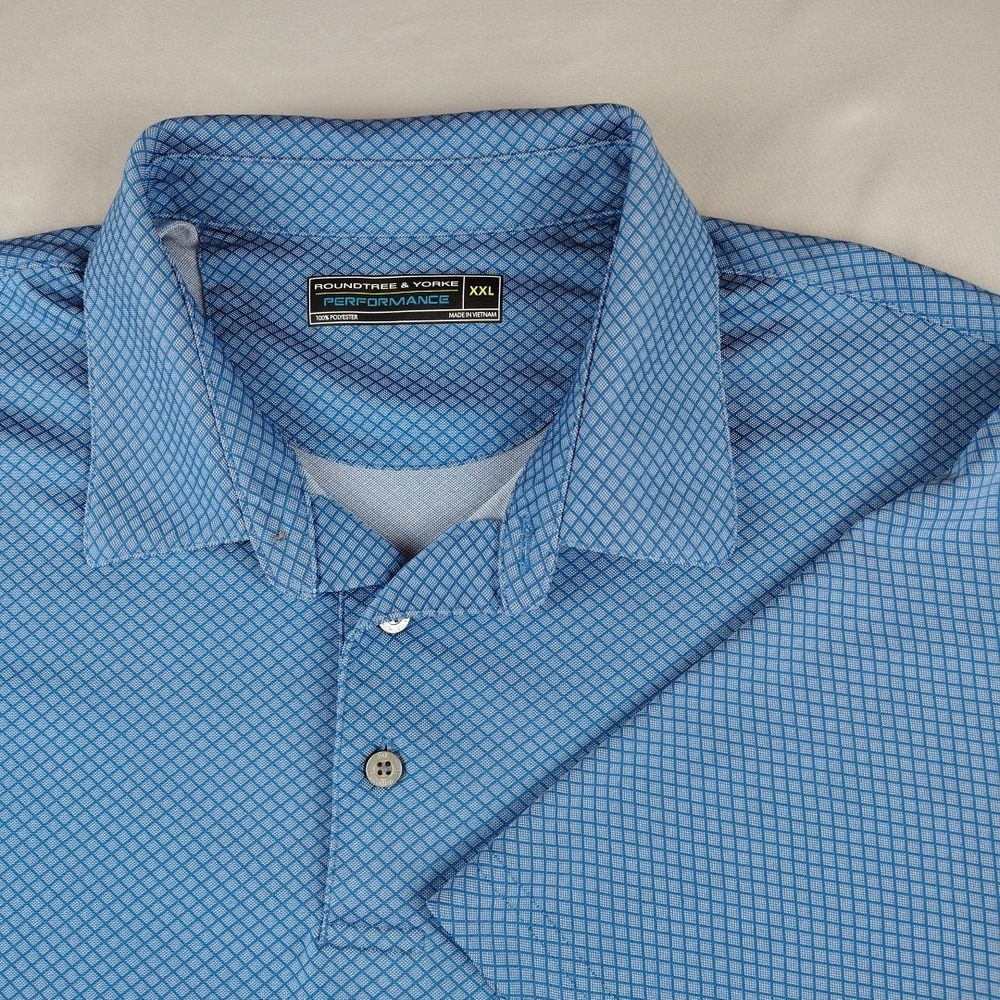 Roundtree & Yorke Performance Golf Polo Shirt Mens XXL Blue Geometric Print EUC
